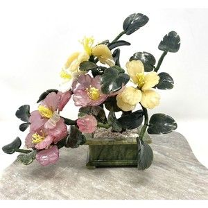 Vintage Jade Rose Quartz Yellow Calcite White Stone Blossom Bonsai Tree